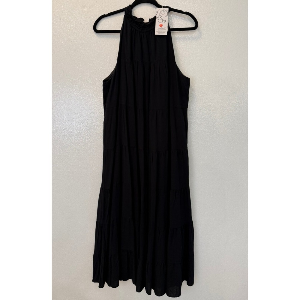 NWT Haeof Sleeveless Black Tie Neck Halter Pleated Tiered Maxi‎ Dress Size XL